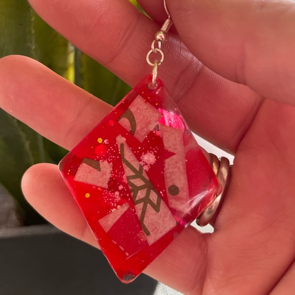 XMAS Handmade Festive Large Holiday Earrings Red Oval - Picture 7 of 9